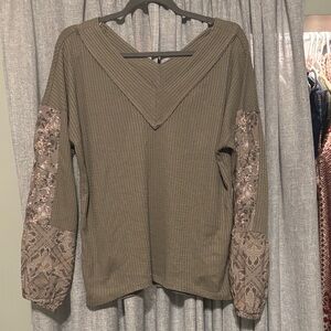 Daytrip Khaki V-Neck Blouse with Patterned Sleeves